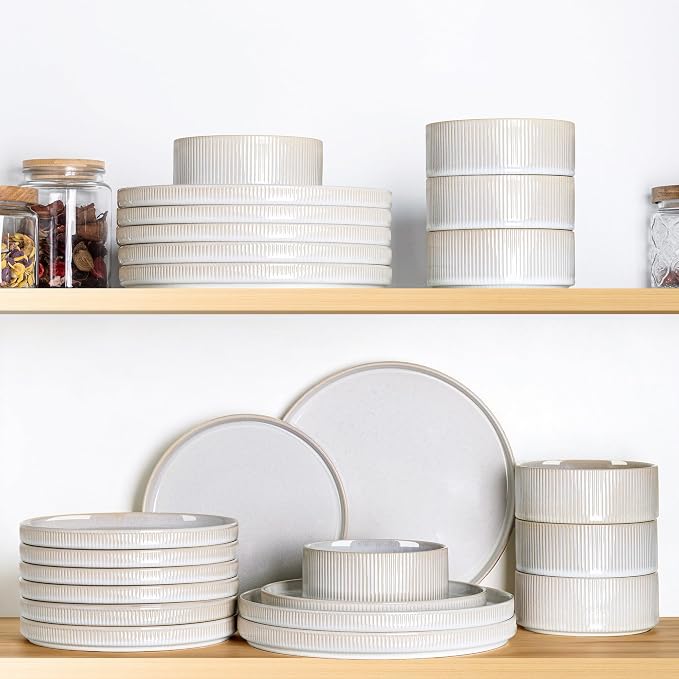 TheTerra Ceramic Dinnerware Sets for 8, 24 Pieces Porcelain Lightweight Plates and Bowls Sets, Scratch Resistant Dish Set, Oven & Microwave & Dishwasher Safe,Reactive White