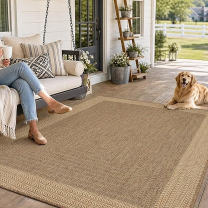 MontVoo-Outdoor Rug-Patio Rug 5x7 ft Polypropylene Indoor Outdoor Rugs Outdoor Carpet for Patio Deck Balcony Porch, Textured Weave, Durable for High Traffic, Fade-Resistant, Modern Neutral Brown