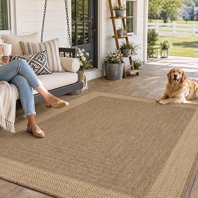 MontVoo-3x5 Outdoor Rug Porch Entryway Rug-Polypropylene Indoor Outdoor Rugs for Entryway Kitchen Balcony Patio, Textured Weave, Durable, Fade-Resistant, Non-Shedding, Modern Neutral Brown