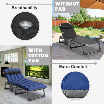 ABORON Tanning Chairs, 2 Pack, 5-Position Padded Folding Loungers | Set of 2 folding chaise lounges with 5-position backs, padded mats and pillows; supports up to 500 lb per chair.