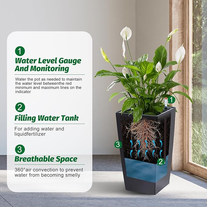 Garvee 16" Tall Planters Set of 4, Outdoor＆Indoor Black Planter Pots, High Front Porch Planter Pots with Drainage Holes＆Water Level Monitor＆Inner Bucket,Black
