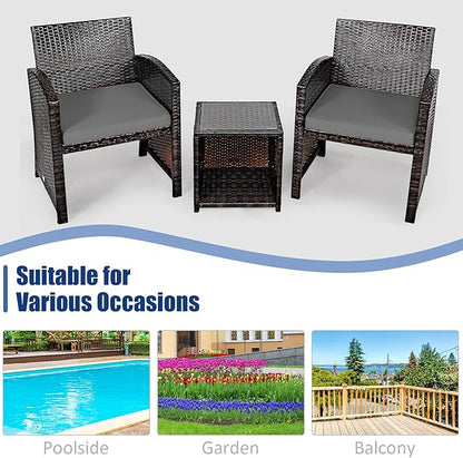 COSTWAY 3 Pieces Patio Furniture Sets, Outdoor Rattan Conversation Set with Tempered Glass Tabletop and Soft Cushion, Wicker Cushioned Chair Sofa for Backyard, Porch, Poolside, Lawn, Gray