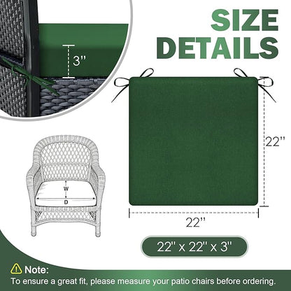 Outdoor Chair Cushions Set of 2, 22x22x3Inch Waterproof & Fade Resistant Patio Furniture Seat Cushions with Ties, Square Outdoor Dining Chair Cushions for Lawn, Garden, Deck&Yard, Forest Green