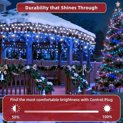 504 LED Christmas Lights Outdoor 50FT with 112 Drops, Christmas Decorations Hanging Lights 12 Modes, Dimmable Outsite Fairy String Lights for Wedding Party Holiday Winter Wonderland Decor Blue & White