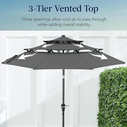 Best Choice Products 10ft 3-Tier Market Patio Umbrella, Outdoor Sun Shade with Tilt, Crank Lift, 8 Ribs for Backyard, Deck, Poolside – Gray