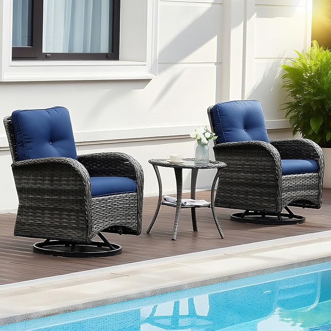 Luxury 3-Piece PE Wicker Swivel Rocking Patio Chair Set with Preminum Cushions & Ripple Glass Table, All-Weather Outdoor Bistro Set for Modern Deck or Balcony