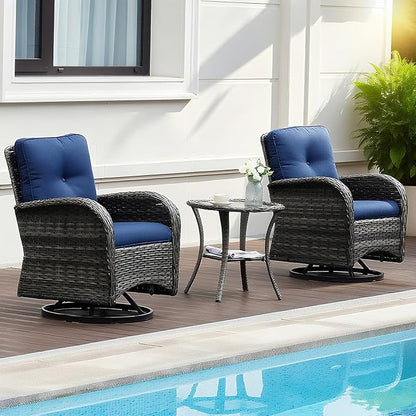 Luxury 3-Piece PE Wicker Swivel Rocking Patio Chair Set with Preminum Cushions & Ripple Glass Table, All-Weather Outdoor Bistro Set for Modern Deck or Balcony