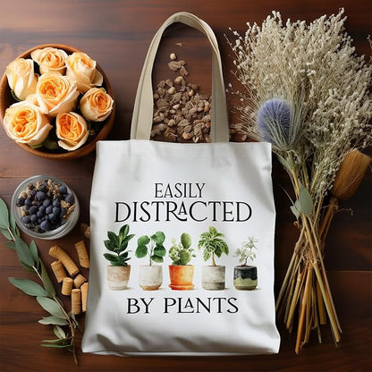 Funny Plant Tote Bag, Plant Lover Mom Lady Gifts Canvas Tote Bags, Gardening Gardener Gifts for Women, Easily Distracted by Plants Reusable Grocery Shopping Bags
