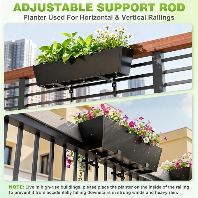 2PC Railing Planter for Outdoor Plants 36 Inch Metal Hanging Planters Pots with Adjustable Brackets and Drainage Railing Planter Boxes Hanging Flower Pots for Balcony Deck Railings Apartment Patio Dec