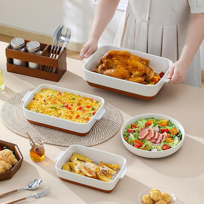 MALACASA Casserole Dishes for Oven with Roasting Racks, Ceramic Baking Dishes Set of 3, Baking Pan Casserole Dish Set, Rectangular Lasagna Pan Deep with Handles for Baking, Khaki White (14.5''/13''/10.5''), Series TARA
