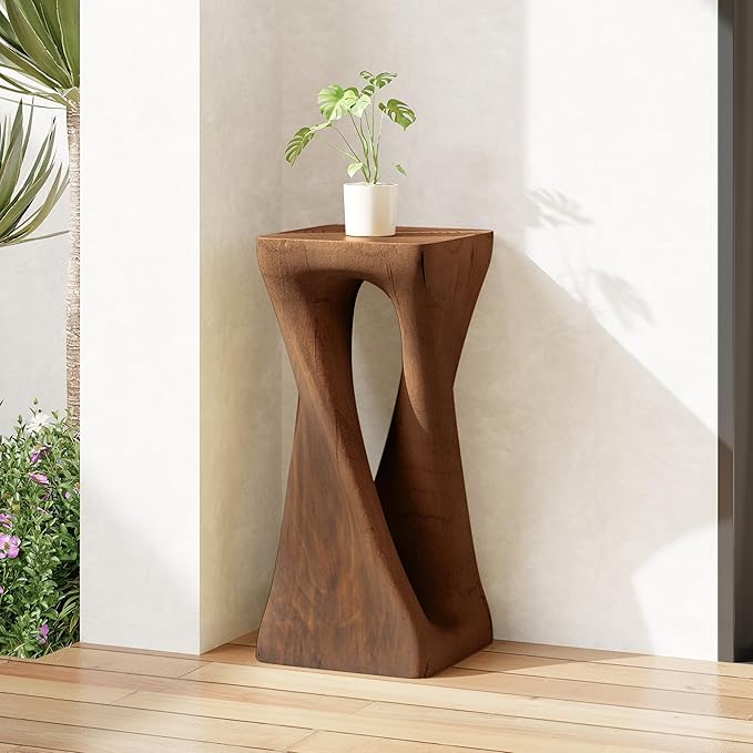 GDFStudio Outdoor Side Table, Twist Shape End Table, Decorative Accent Garden Stool Table, Lightweight Concrete Patio Table with Wood-Like Texture,Sculptural Design for Balcony,Poolside,Antique Brown