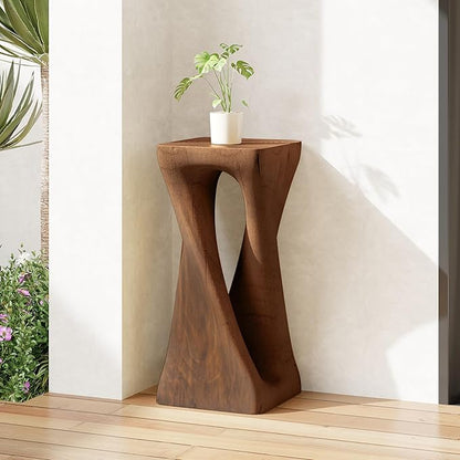 GDFStudio Outdoor Side Table, Twist Shape End Table, Decorative Accent Garden Stool Table, Lightweight Concrete Patio Table with Wood-Like Texture,Sculptural Design for Balcony,Poolside,Antique Brown