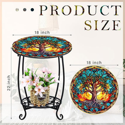 Cinnvoice Outdoor Side Table Round Small Mosaic Patio Accent Indoor End Plant Coffee Tea Table for Yard Patio Porch Garden Living Room, Bedroom(Tree of Life Style,18 Inch)