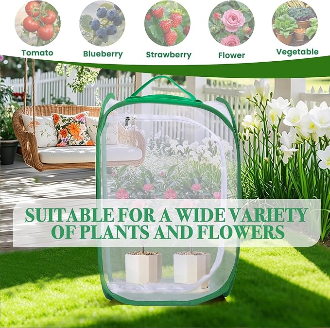 Gardon Mesh Plant Enclosure, Pop-Up Mesh Plant Cover from Pests, Birds, Animals, Plant Netting Cage for Tomato, Fruit, Vegetables, Flowers with Zipper Door 24 x 24 x 36 Inch