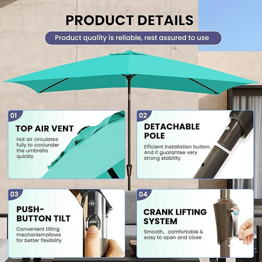 Ayge 6.5x10FT Rectangular Patio Umbrella Outdoor Table Umbrella w/Push Button Tilt & Crank Rectangle Market Umbrella UV Protection for Garden,Deck,Lawn,Yard & Pool,Turquoise