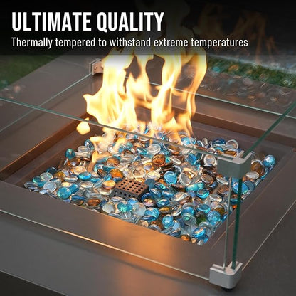 Skyflame 10-Pound Blended Fire Glass Beads for Fire Pit Fireplace Landscaping, 1/2-Inch High Luster Caribbean Blue, Crystal Ice, Caramel