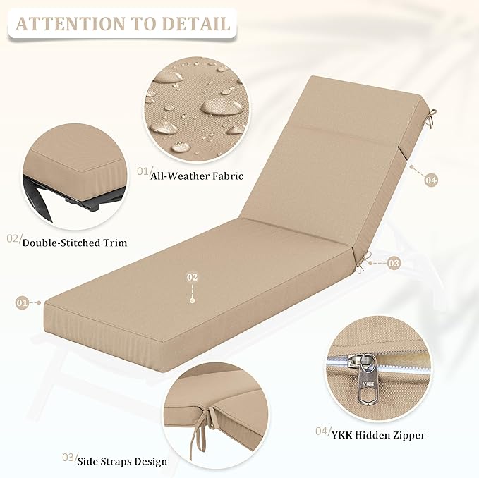 Chaise Lounge Cushions Outdoor, 72" L X 21" W X 4" D Lounge Chair Cushions for Outdoor Furniture, High-Density Foam Outdoor Chaise Cushion-Waterproof Fade-Resistant ThickPatio lounge chair cushion