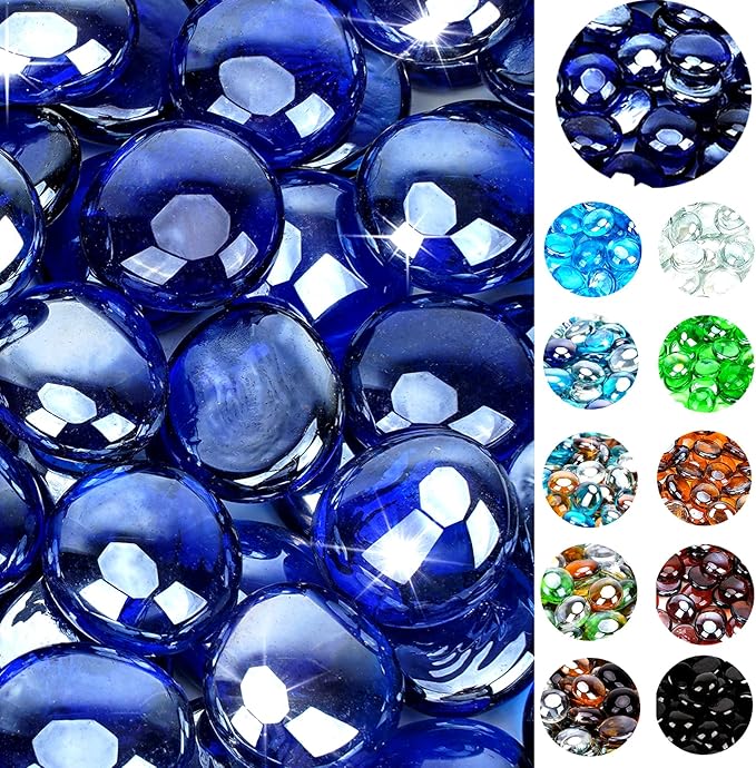 onlyfire Flat Fire Glass Beads for Propane Fire Pit, 1/2 Inch Reflective Firepit Glass Rocks 10 Pounds Flat Marbles for Gas Fireplace and Fire Pit Table, High Luster Royal Cobalt Blue