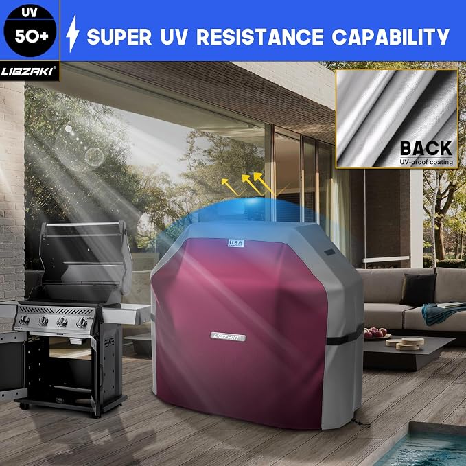LIBZAKI Grill Cover 420D Waterproof, Weather Resistant, Rip-Proof, Anti-UV, Fade Resistant,Gas Grill Cover for Weber,Char Broil,Nexgrill Grills, etc.58 inches-Fuchsia/Gray