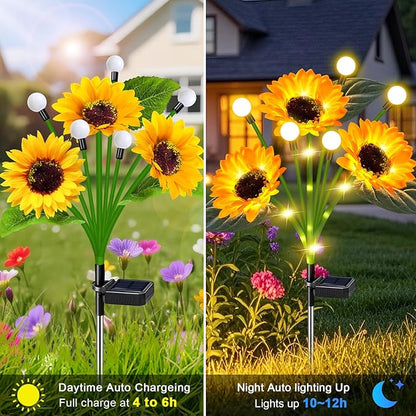 Sunflower Solar Lights Outdoor Garden Decor,Upgraded 4 Pack Solar Sunflowers with Firefly Lights Waterproof,Gifts for Mom Women Grandma,Garden Decor for Outside Yard Patio Pathway Lawn