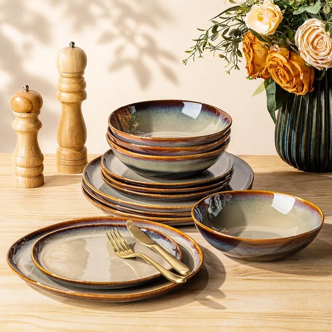 TheTerra Ceramic Dinnerware Sets for 4, 12 Pieces Porcelain Lightweight Plates and Bowls Sets, Scratch Resistant Dish Set, Oven & Microwave & Dishwasher Safe, Coca Mocha