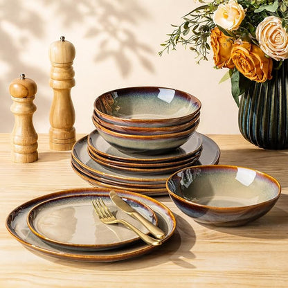 TheTerra Ceramic Dinnerware Sets for 4, 12 Pieces Porcelain Lightweight Plates and Bowls Sets, Scratch Resistant Dish Set, Oven & Microwave & Dishwasher Safe, Coca Mocha