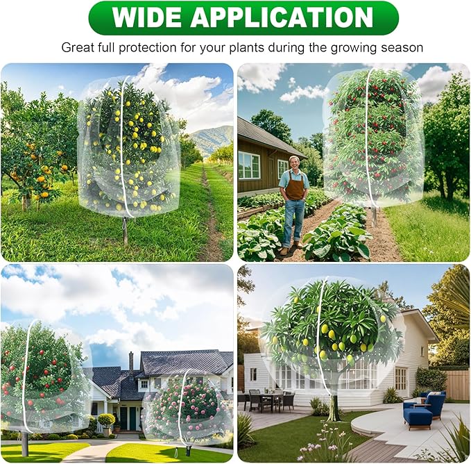 2 Pack Large Fruit Trees Netting 8ftx10ft with Zipper&Drawstring Garden Birds Net Mesh Insect Netting Plant Covers Protection Bags for Blueberry Bushes Shrubs Vegetables Flowers Herbs