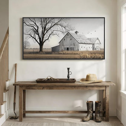 Large Framed Farmhous Wall Art for Living Room, Vintage Rustic Landscape Horizontal Canvas Print, Neutral Country Barn Wall Decor for Bedroom Dining Room Hallway 30x60 Inch