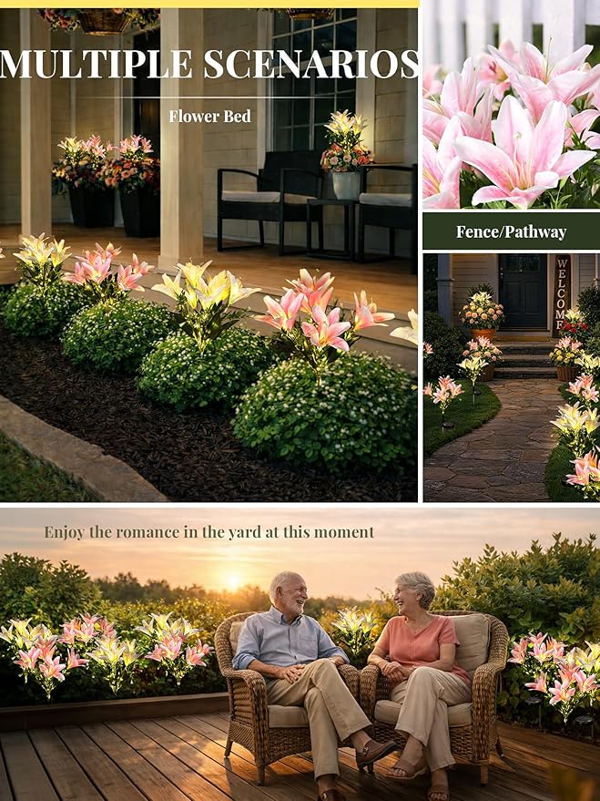 GIGALUMI Solar Garden Lights, 2 Pack LED Lily Garden Decor Carefree Solar Flowers Outdoor Waterproof, Yard Decorations Outdoor, Allergy-Free Light up Flowers for Yard Patio (1White,1Pink)