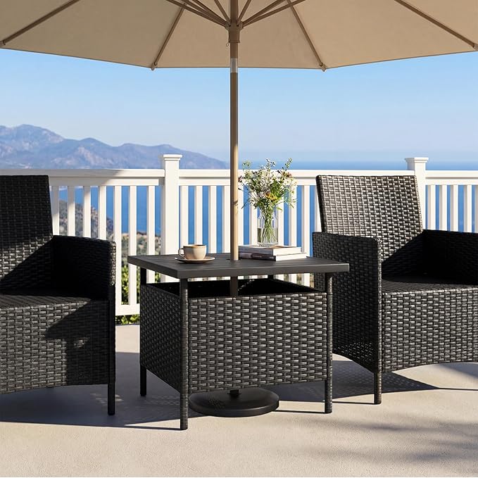 Giantex Umbrella Table, Outdoor Side Table with 2" Umbrella Hole, Rattan Umbrella Stand Holder, Heavy Duty Metal Frame, Patio Bistro Table for Deck Garden Poolside, Black (HDPE Tabletop)