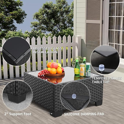9 Pieces Outdoor Sectional All-Weather Wicker Patio Furniture Set Patio Sectional and Glass Patio Table Non-Slip Cushions and Waterproof Covers, Navy Blue
