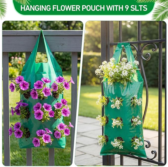 50 Pack Hanging Strawberry Planter Grow Bags, 9 Hole Plastic Hanging Vertical Planters, Upside Down Garden Bags with Reinforced Handles for Outdoor Wall Strawberries, Cherry, Tomatoes, Flowers, Tomato