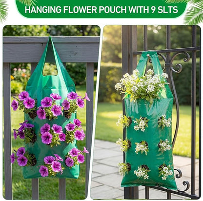50 Pack Hanging Strawberry Planter Grow Bags, 9 Hole Plastic Hanging Vertical Planters, Upside Down Garden Bags with Reinforced Handles for Outdoor Wall Strawberries, Cherry, Tomatoes, Flowers, Tomato