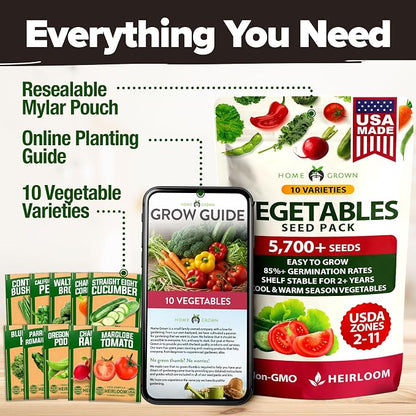 HOME GROWN 10 Variety Survival Seed Vault 5,700+ USA Grown Heirloom Non-GMO Vegetable Seeds for Planting, High Germination, Garden Starter Kit, Emergency Food Supply, Indoor Outdoor