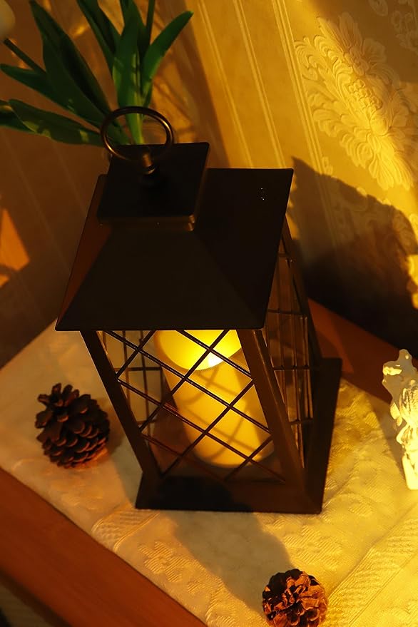 YAKii 13" Decorative Candle Lantern with LED Flameless Candle and Timer, Plastic LED Candle & Holder, Indoor & Outdoor Hanging Lights Thanksgiving &Christmas Day Decorations (Black)