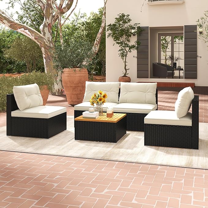 RELAX4LIFE 5-Piece Wicker Outdoor Furniture - PE Rattan Sectional Conversation Set w/4 Armless Sofas & Acacia Wood Coffee Table, Cushioned Patio Sofa Set for Garden Poolside Backyard Porch (Off White)