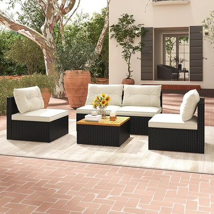 RELAX4LIFE 5-Piece Wicker Outdoor Furniture - PE Rattan Sectional Conversation Set w/4 Armless Sofas & Acacia Wood Coffee Table, Cushioned Patio Sofa Set for Garden Poolside Backyard Porch (Off White)