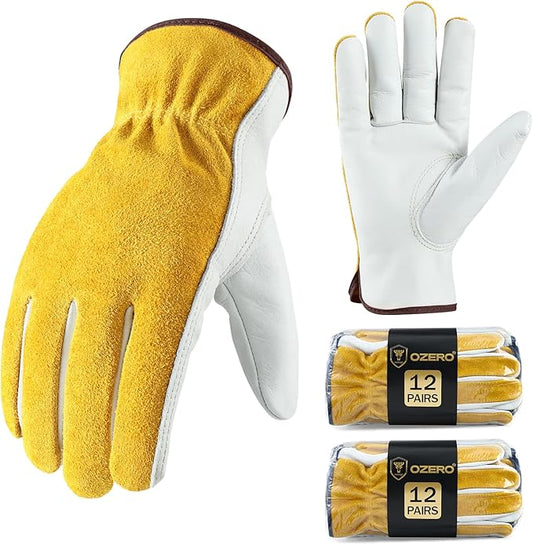 OZERO Leather Work Gloves for Men & Women, 24 Pairs Bulk Genuine Cowhide Garden Gloves, Lab Tested EN388 2143X, Flexible Grip, Breathable Unlined Comfort, Elastic Wrist (Gold/Light Cyan, Medium)