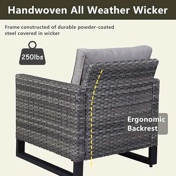 Rilyson Wicker Outdoor Patio Furniture Set - 6 Piece Patio Conversation Set with 2 Armrest Chairs,2 Rattan Ottoman,1 Couch and 1 Metal Side Table for Outside Porch Deck Backyard(Mixed Grey/Grey)