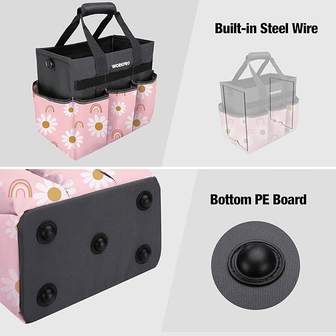 WORKPRO Garden Tool Bag Organizer, Heavy Duty Gardening Tote Bag with 10 Pockets and Long Adjustable Shoulder Strap, Standable Garden Home Tool Kits Organizer, Floral Pink - Pink Ribbon