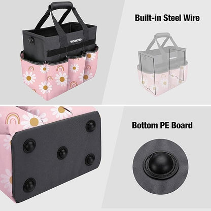 WORKPRO Garden Tool Bag Organizer, Heavy Duty Gardening Tote Bag with 10 Pockets and Long Adjustable Shoulder Strap, Standable Garden Home Tool Kits Organizer, Floral Pink - Pink Ribbon