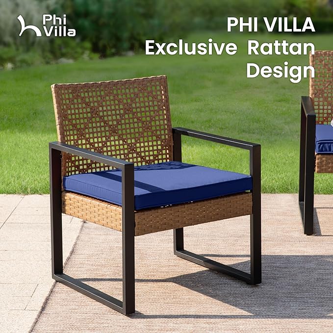 PHI VILLA Patio Wicker Furniture Set for 4, Brown Rattan Loveseat & Chairs with Blue Cushions & Acacia Wood Coffee Table, Outdoor Modern Sectional Conversation Sofa Set for Deck, Yard, Porch