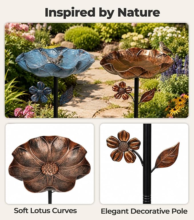 2PCS Metal Bird Bath for Outside, 11” Dia Freestanding Bird Bath Bowl, Upgraded 5 Pronged Base Birdbaths for Outdoors, Standing Bird Feeder Garden Patio Yard Lawn Decor