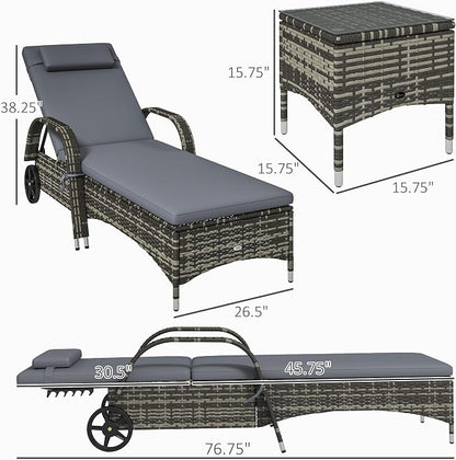Outsunny Wicker Outdoor Chaise Lounge Chair Set of 3 with Side Table, 5-Level Adjustable Backrest PE Rattan Pool Lounge Chair with Wheels, Cushion & Headrest, Gray