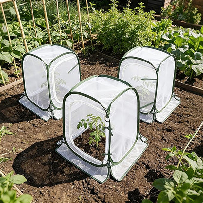 Augshy 3 Pack Pop Up Plant Covers Plant Protectors Tent Mesh Plant Protectors from Animals and Birds Garden Net Cage with Stakes for Protect Outdoor Plants Vegetables Flowers Shrubs 13"x13"x20"