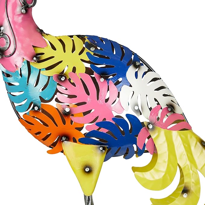 Alpine Corporation LYT276 Outdoor Metal Colorful Art Decor Palm Leaf Body Flamingo for Garden, Patio, Lawn, or Porch, 31" Tall, Multicolor