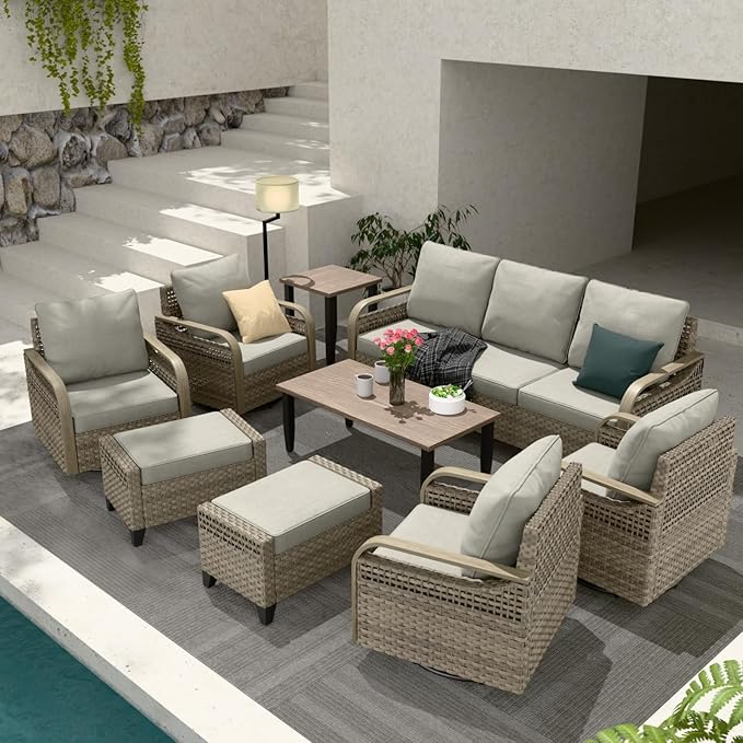 COOS BAY Modern Wicker Outdoor Furniture Set, Patio Conversation Set with 4 Swivel Rockers, 3 Seat Couch, Ottomans, Coffee Table and Side Table, 9 Piece, Brown/Gray