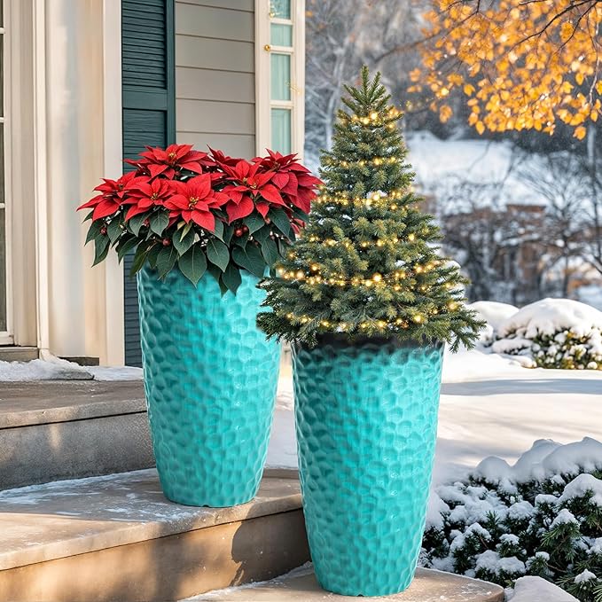 23.75" H Large Tall Outdoor Planters, Set of 2 Plastic Large Flower Pots for Outdoor Plants, with Turquoise Teal Honeycomb Texture, Weather-Resistant for Porch, Garden, Patio or Indoor Use