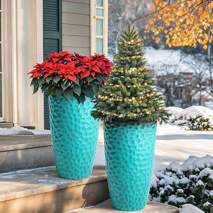 23.75" H Large Tall Outdoor Planters, Set of 2 Plastic Large Flower Pots for Outdoor Plants, with Turquoise Teal Honeycomb Texture, Weather-Resistant for Porch, Garden, Patio or Indoor Use