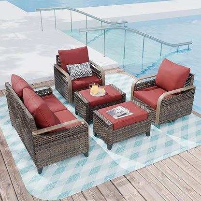 COOS BAY Modern Wicker Outdoor Furniture Set, Patio Conversation Set with Swivel Rockers, 2 Seat Loveseat, and Ottomans, 5 Piece, Brown/Red